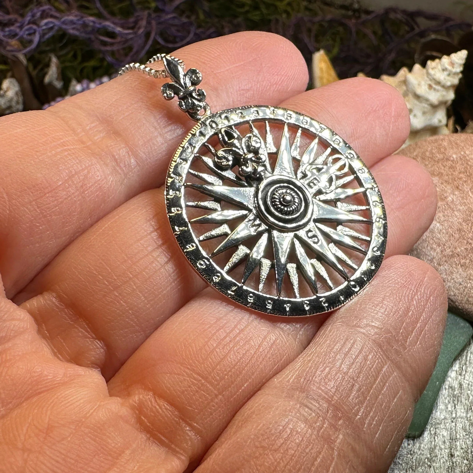 Compass Necklace Sterling Silver Fleur de Lis 925 Pendant Nautical Beach W/CHAIN