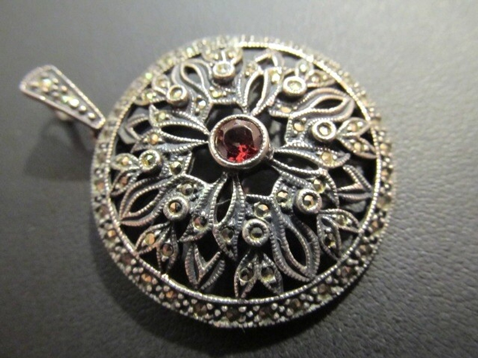 Judith Jack Sterling Silver Round Marcasite & Ruby Stone Center Pendant