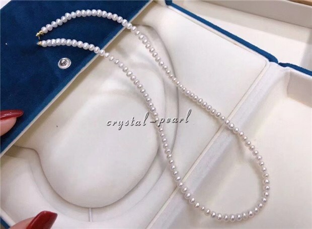 Top Grading AAAA Japanese 4-5 mm white pearl Necklace 18″ 14K Yellow Gold