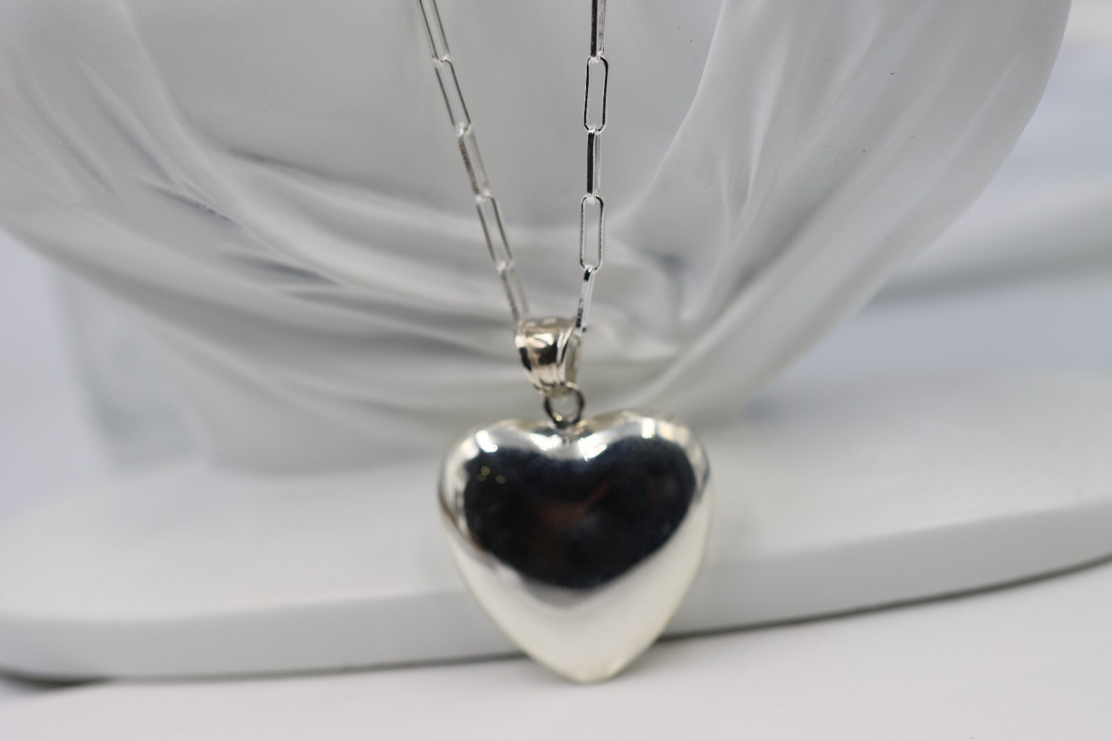 Sterling Silver 925 Paperclip 70cm Necklace + Lg Puffy Heart Pendant -Free Post