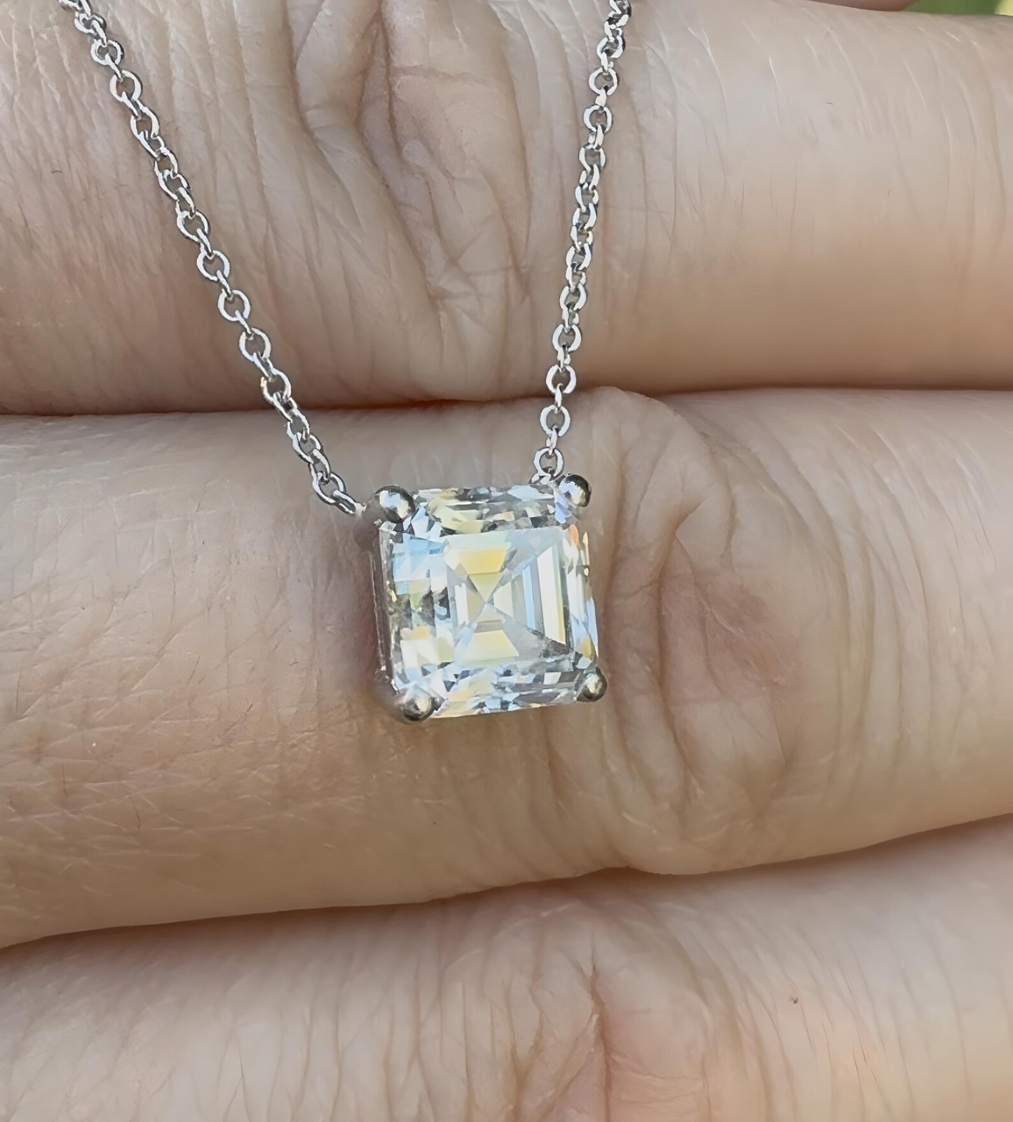 5Ct Asscher-Cut EF/VS1 Lab Grown Diamond Prong Necklace& Pendant 14k White Gold