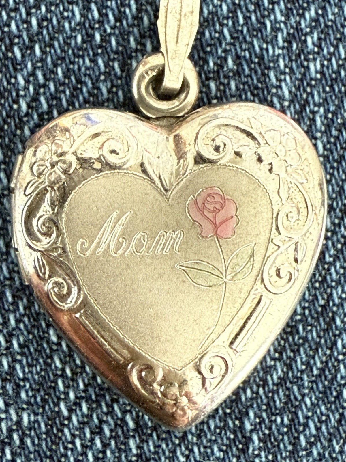 Sterling Silver Heart Photo Locket w/ Pink Rose & MOM Engraved 925 Pendant 3.2g