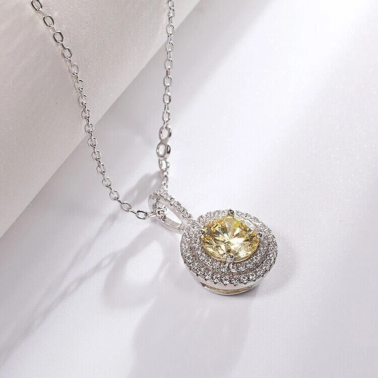 2Ct Round Cut Citrine & Diamond Halo Pendant 18″ Free Chain 14k White Gold FN