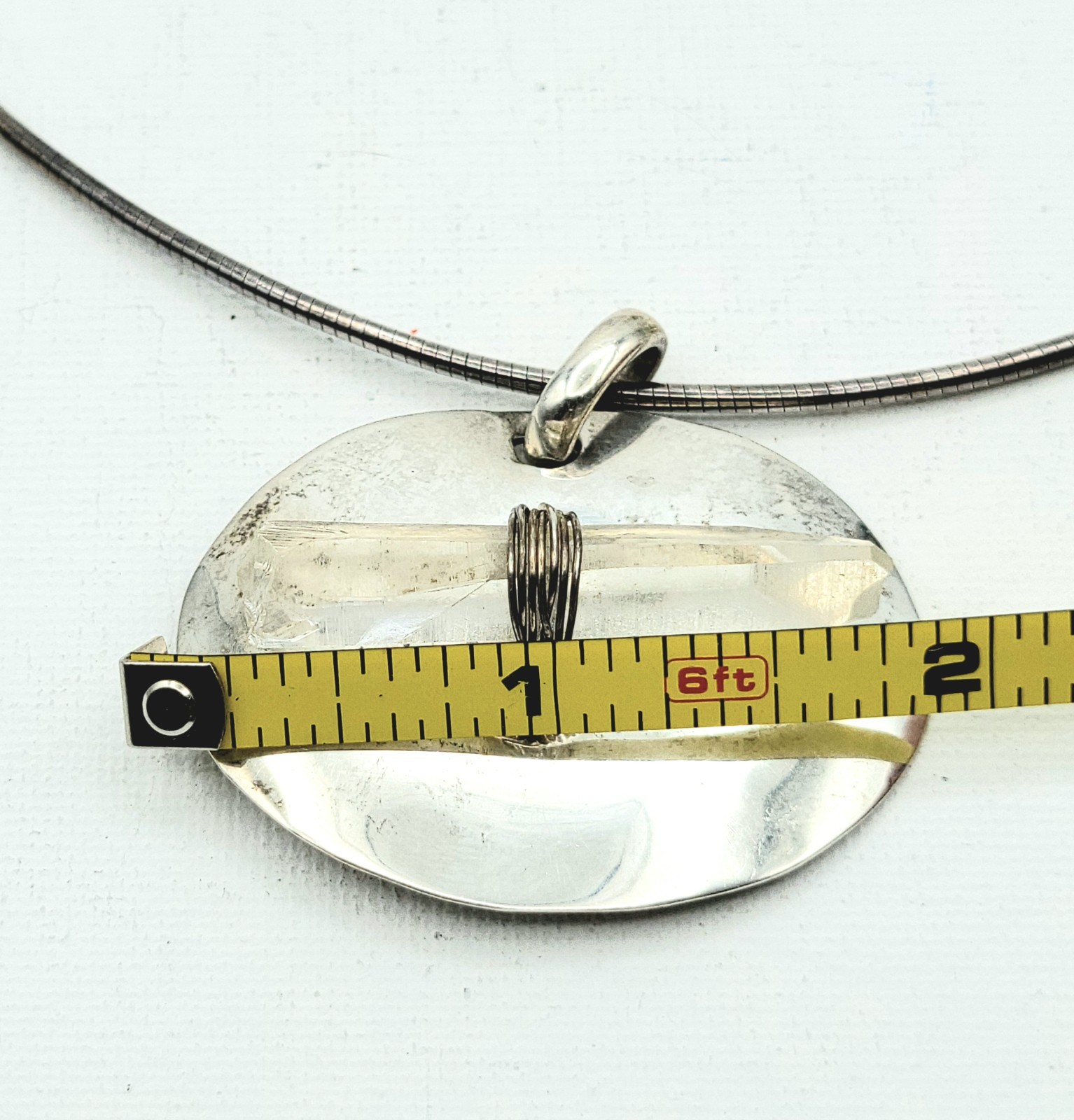 Sterling Silver Clear Crystal Quartz On Oval Silver Base Snake Chain 23gr Italy