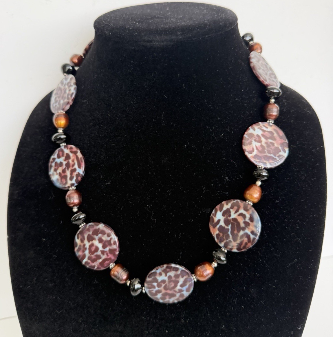 NWT Donna Dressler Leopard Print Agate Necklace 925 Genuine Onyx and Pearls!