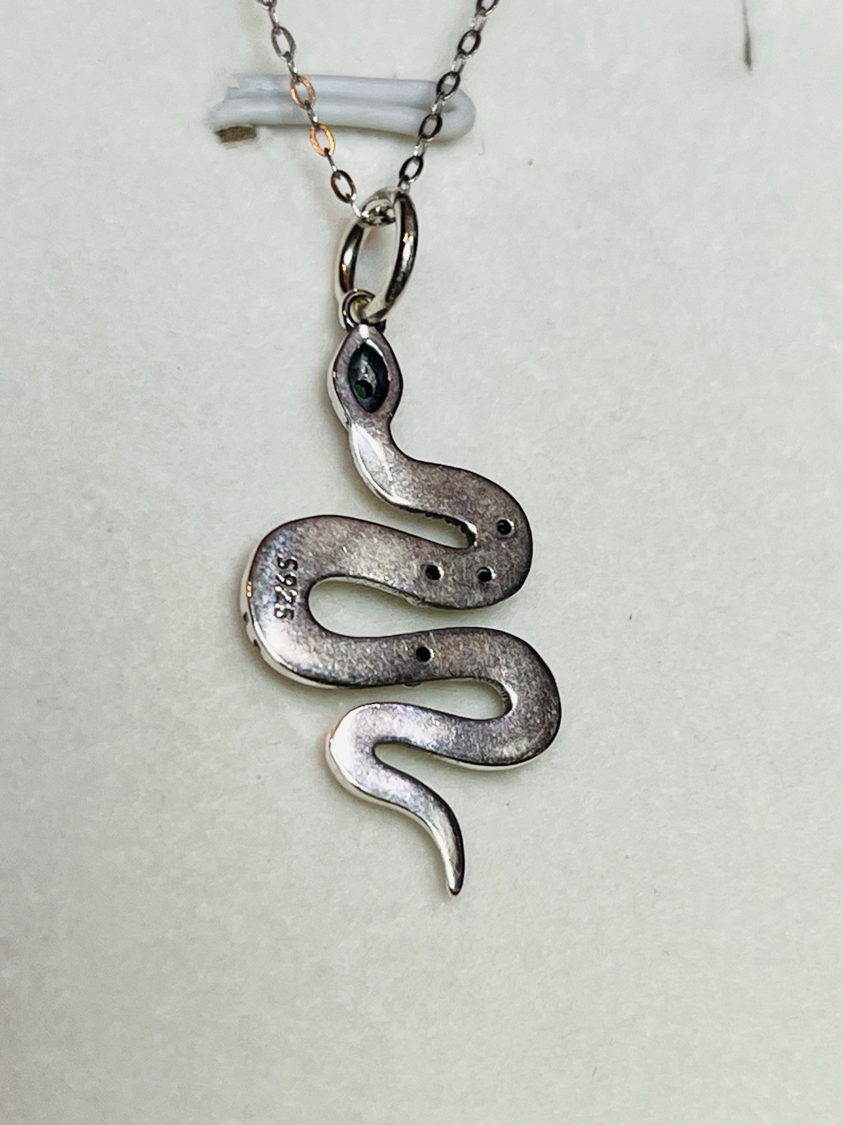Real 925 Sterling Silver Green Crystal Rattle Snake Pendant Necklace