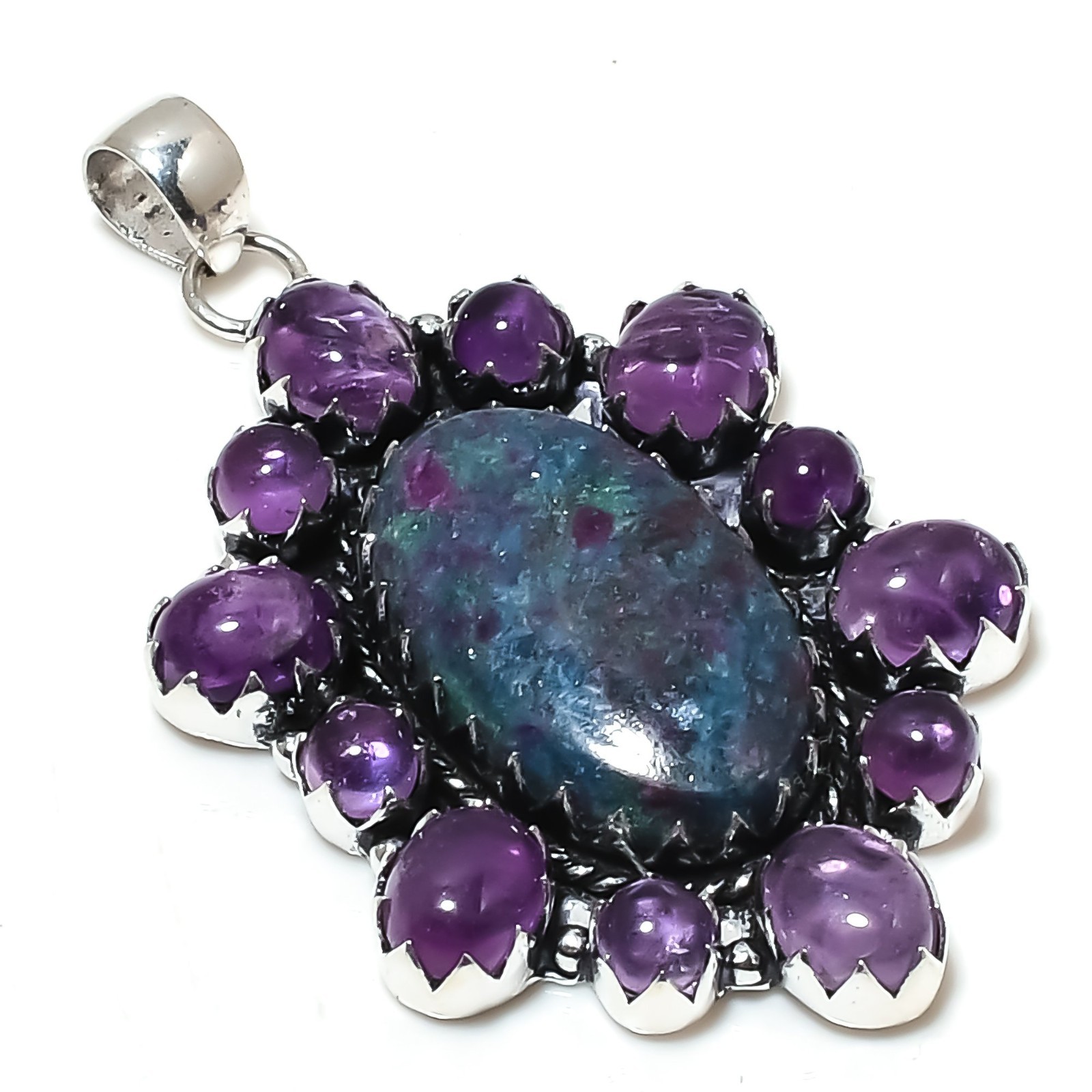 Ruby In Kyanite & Amethyst Gemstones Handmade 925 Sterling Silver Pendant