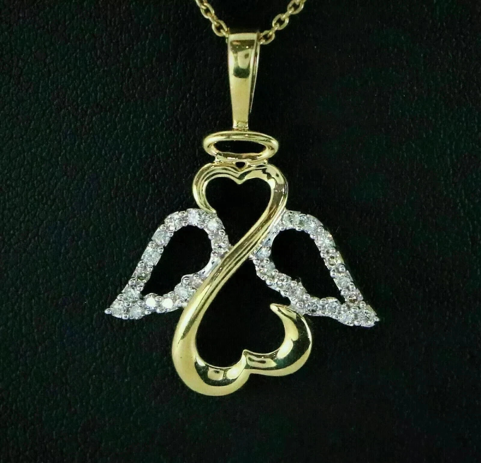 Open Hearts Moissanite Winged Angel Pendant Necklace 14k Yellow Gold Plated