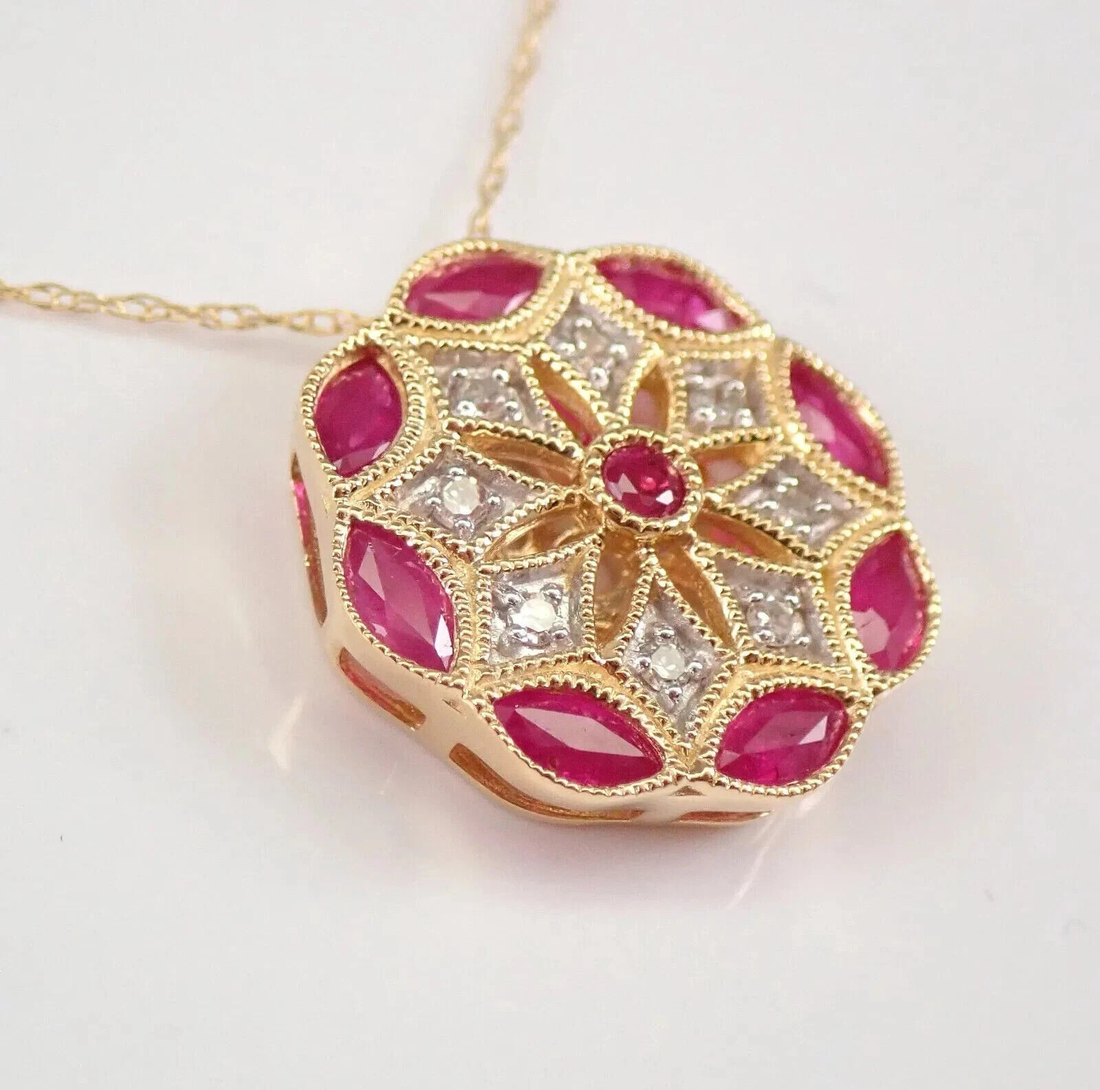 3Ct Marquise Cut Red Ruby Flower Halo Pendant 14K Yellow Gold Finish Free Chain