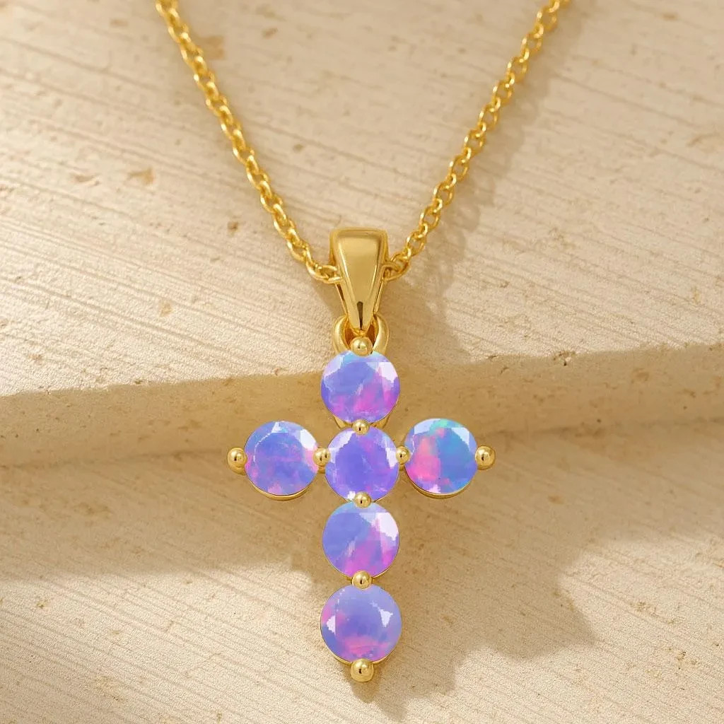 Natural Lavender Opal Gemstone Gold Cross Pendant, Ethiopian Opal Chain Pendant