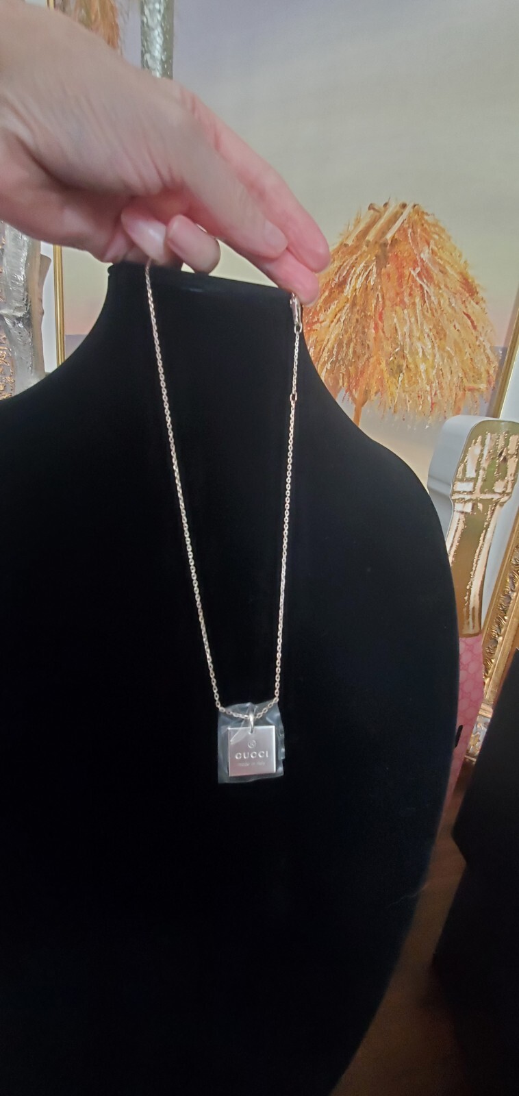 Gucci Trademark Necklace Chain Logo Square Pendant 925 Sterling Silver Rare NIB