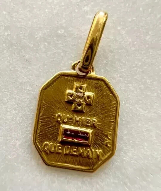 French Medal Love Augis Shield Pendant 14k Yellow Gold Plated Lab Created Ruby