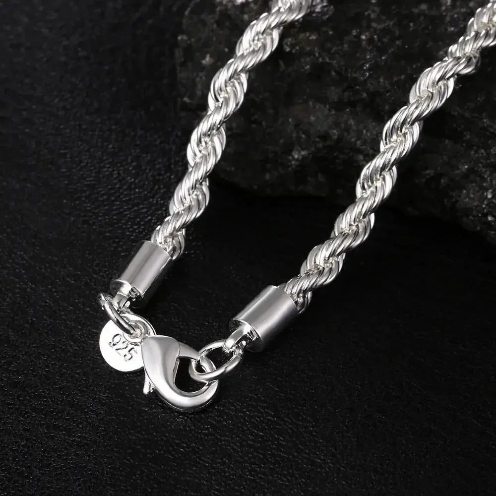 925 Sterling Silver 4MM Rope Chain Necklaces For Women Men Fashion