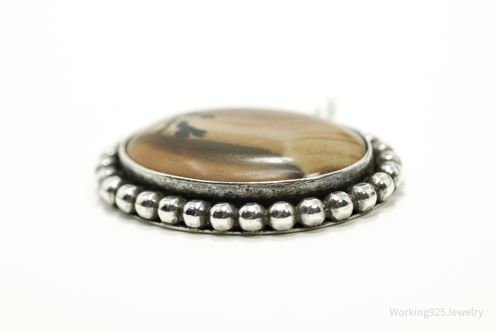 Vintage 1970s Picture Jasper Silver Necklace Pendant 1 3/8″