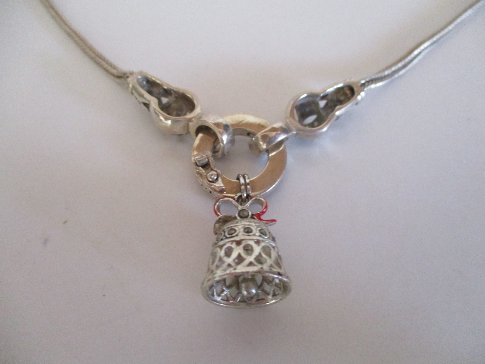 Sterling Silver 16″ Chain & Marcasite~29 Stones~ with Double Clasps + Bell Charm
