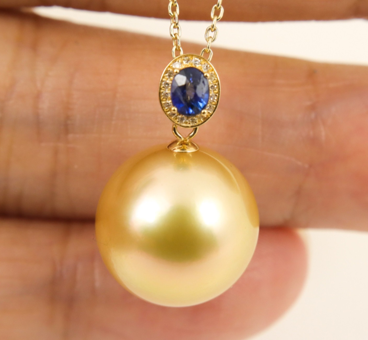Massive 14mm Natural Golden South Sea Pearl Pendant w. Diamonds & Sapphire #113P