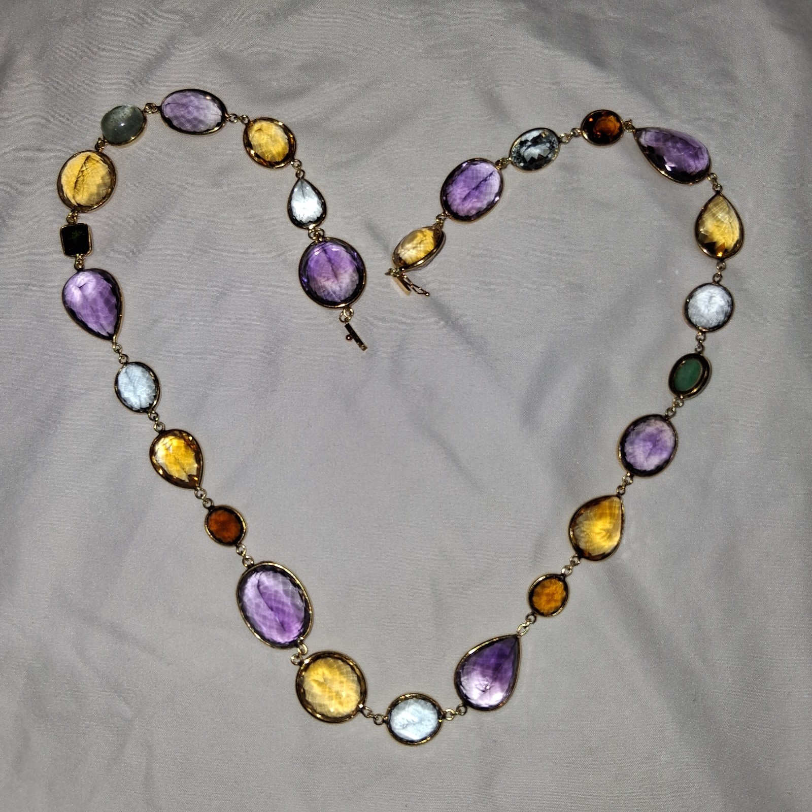 18k Yellow Gold multi color shape stone long necklace
