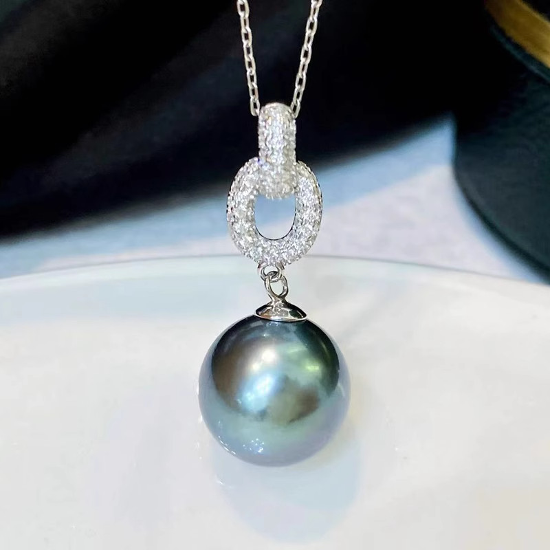 18“HUGE AAAAA Round 11-12mm natural South Sea Black pearl Pendant necklace 925S