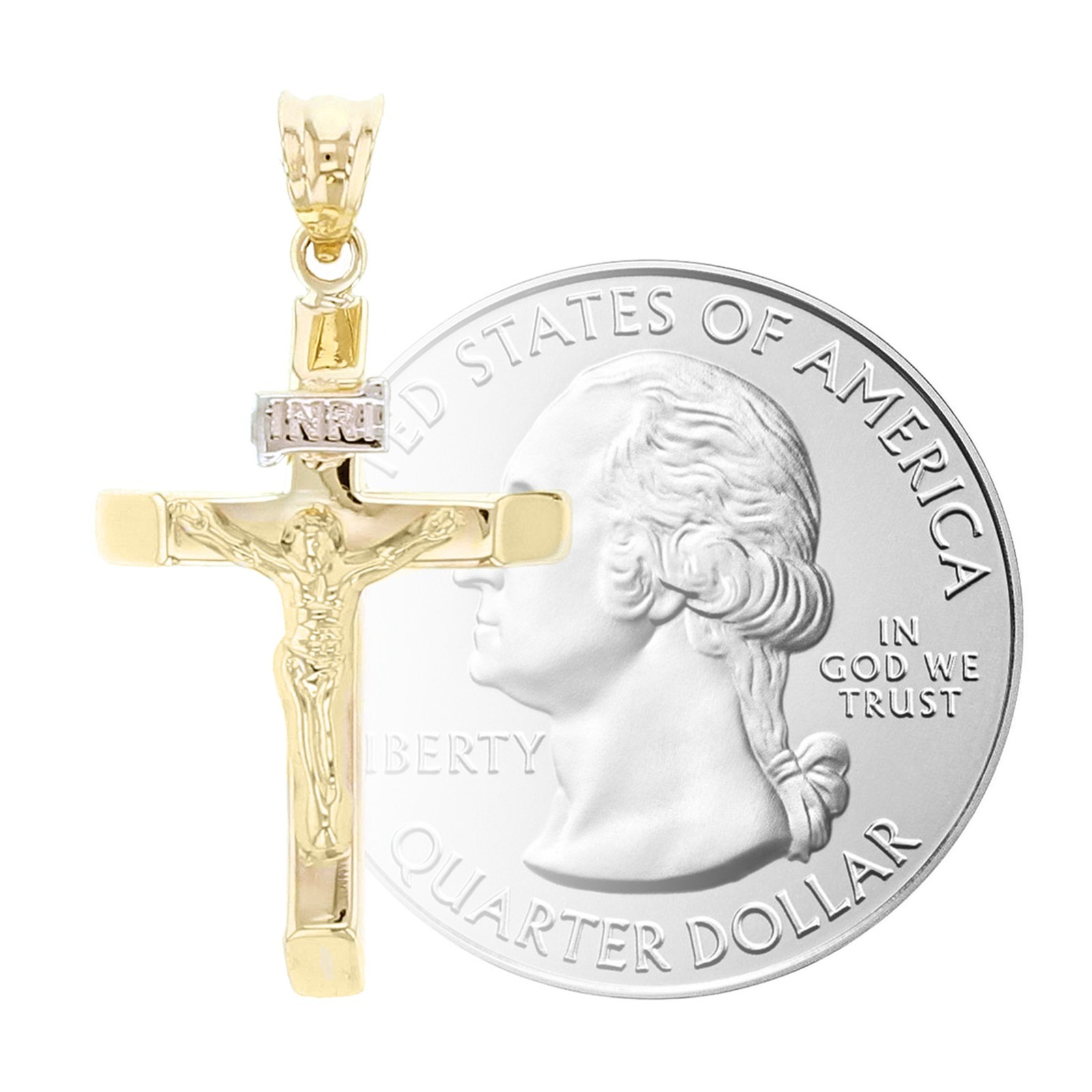 Italian 14k Yellow Gold Hollow INRI Crucifix Cross Charm Pendant 1.2″ 1 gram