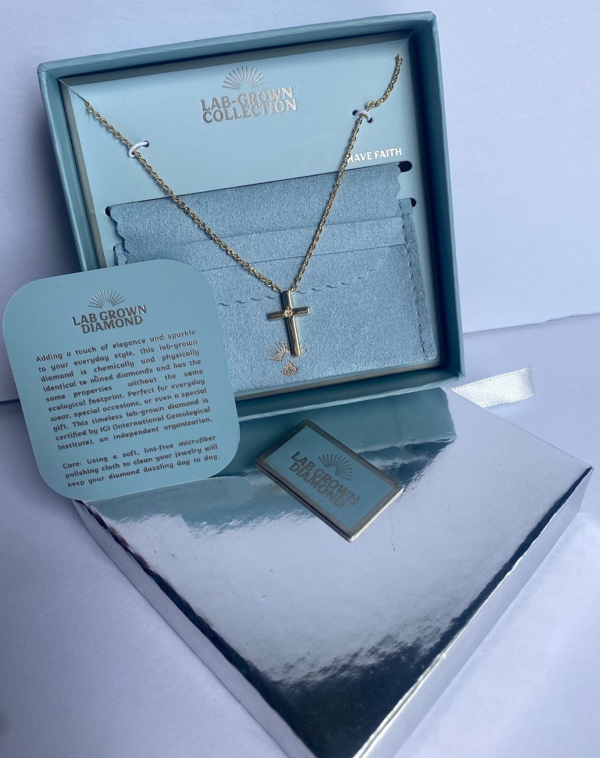 NEW Lab-Grown Diamond Collection Cross Necklace 14K Dipped Gold Faith Gift Box