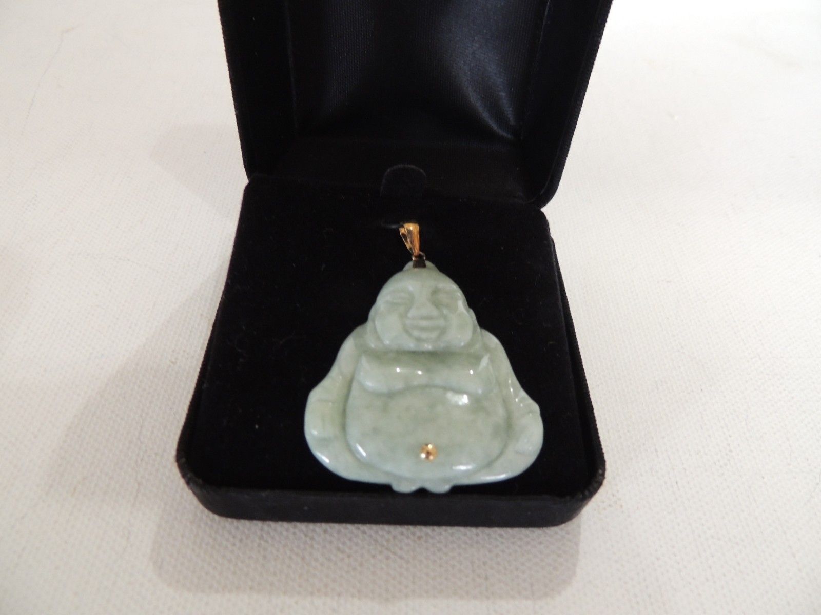 LG GREEN JADE BUDDHA LIKE FIGURE W/ 14K YG BALE 1 3/4″ long x 1 1/2″ wide