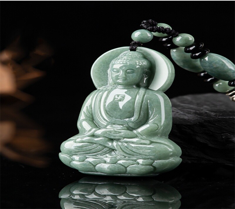 Natural Jade Green Buddha Amitabha Buddha Statue Necklace Pendant Male Female