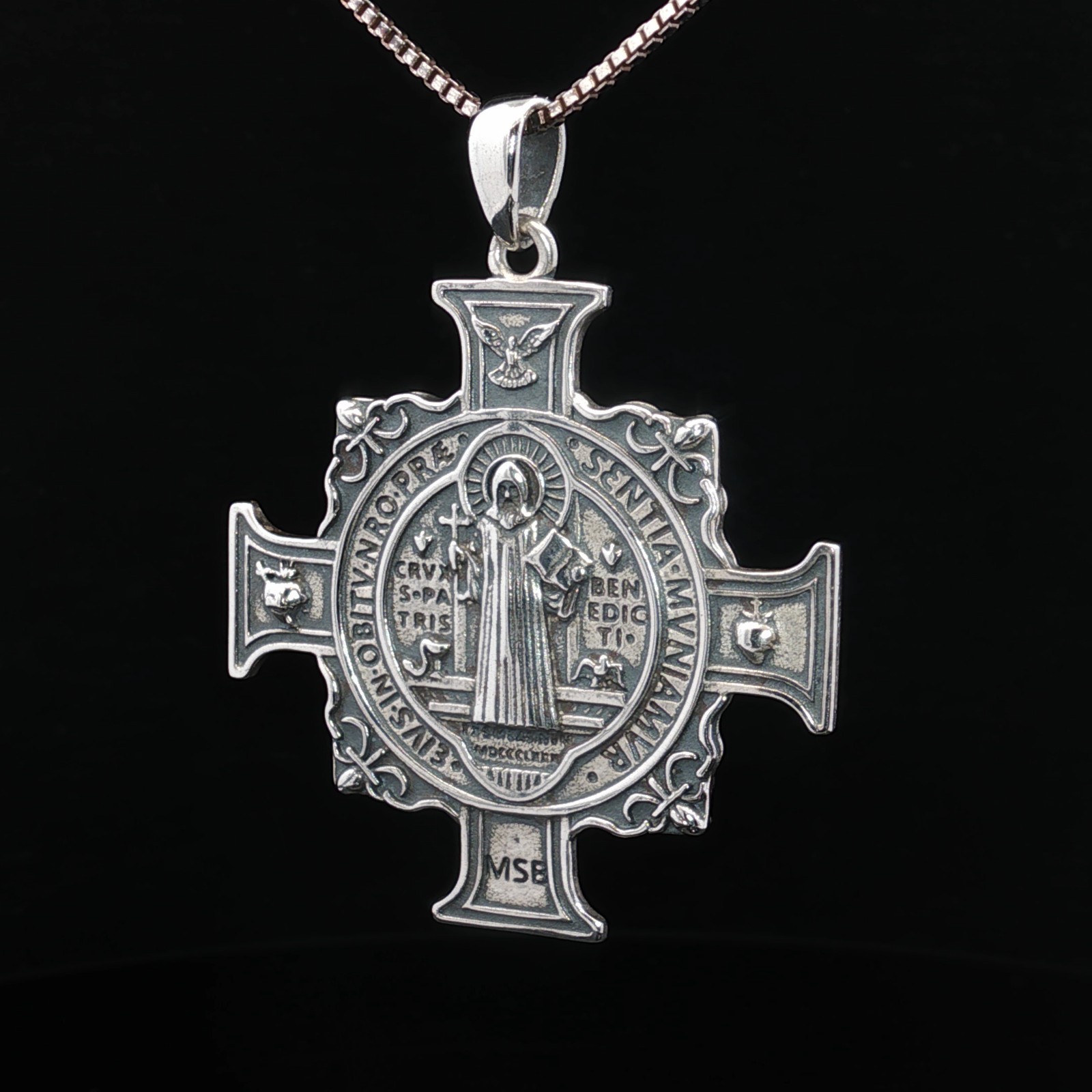 925 Sterling Silver Saint Benedict Two-Sided Cross Necklace