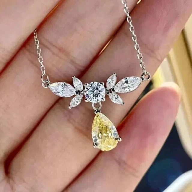 2Ct Pear Cut Lab-Created Citrine Women’s Drop Necklace 14K White Gold Plated