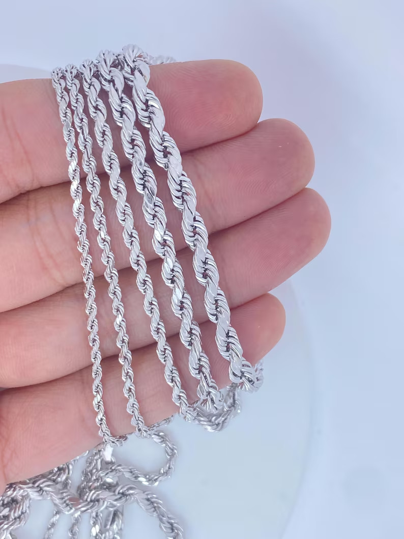 10K White Gold Rope Chain Necklace Diamond Cut Real Gold 2mm-5mm 16-28in Unisex