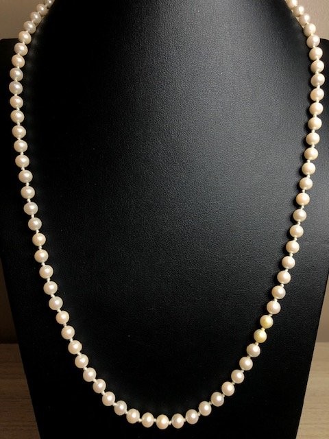 B4179 Classic Pearl Strand Necklace 24″ Knotted 14K gold filled filigree clasp