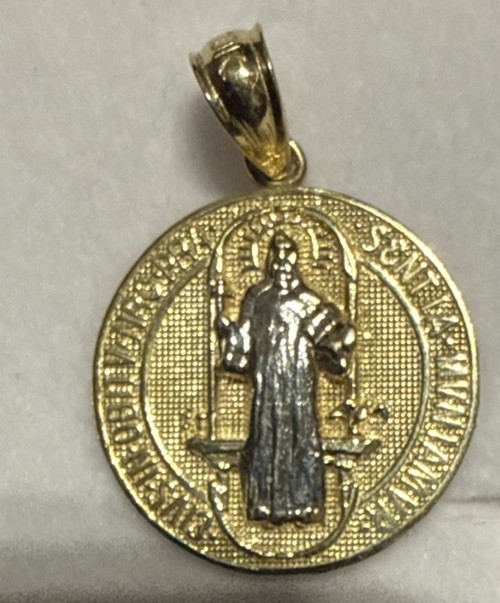 10k Solid 2 Tone Gold 15mm Saint Benedict Pendant -Small 14K San Benito
