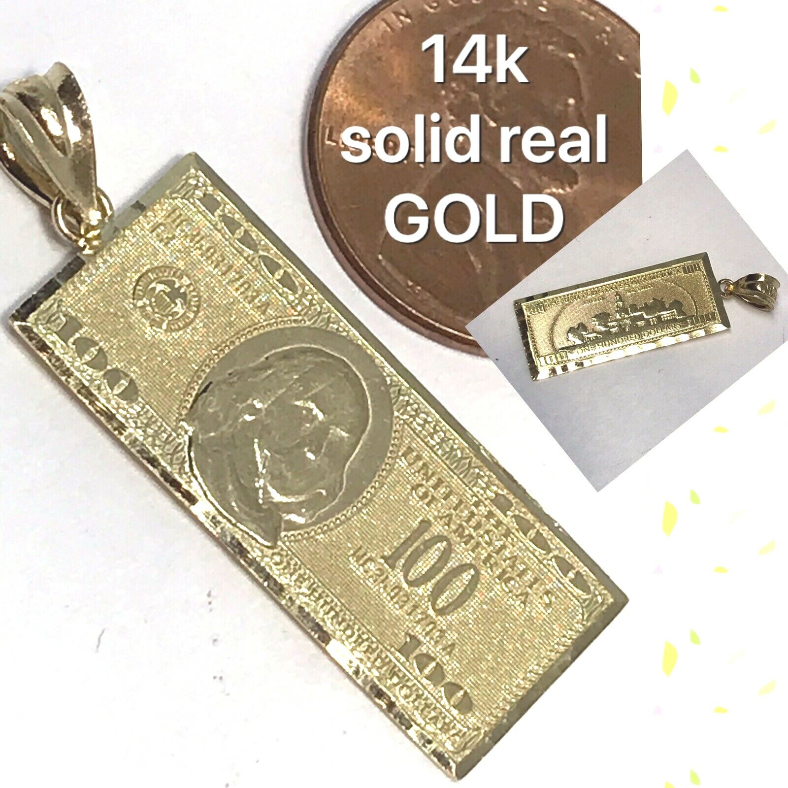 GOLd 14k $ $100 Hundred Dollar Bill Money Pendant Luck Lucky hip hop 1.45”
