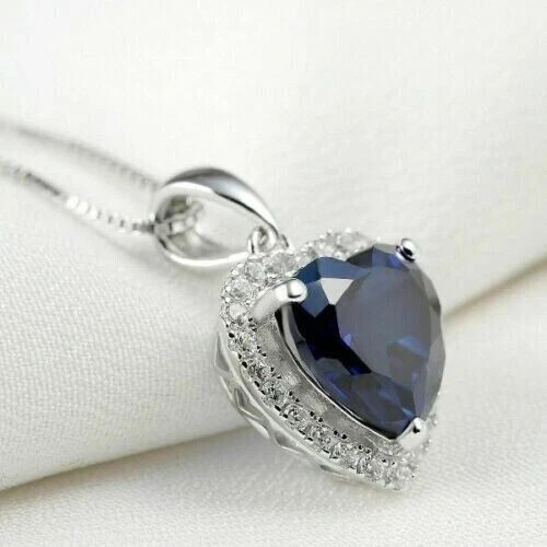 2CT Heart Cut Lab Created Blue Sapphire Diamond Halo Pendant 14K White Gold Pltd