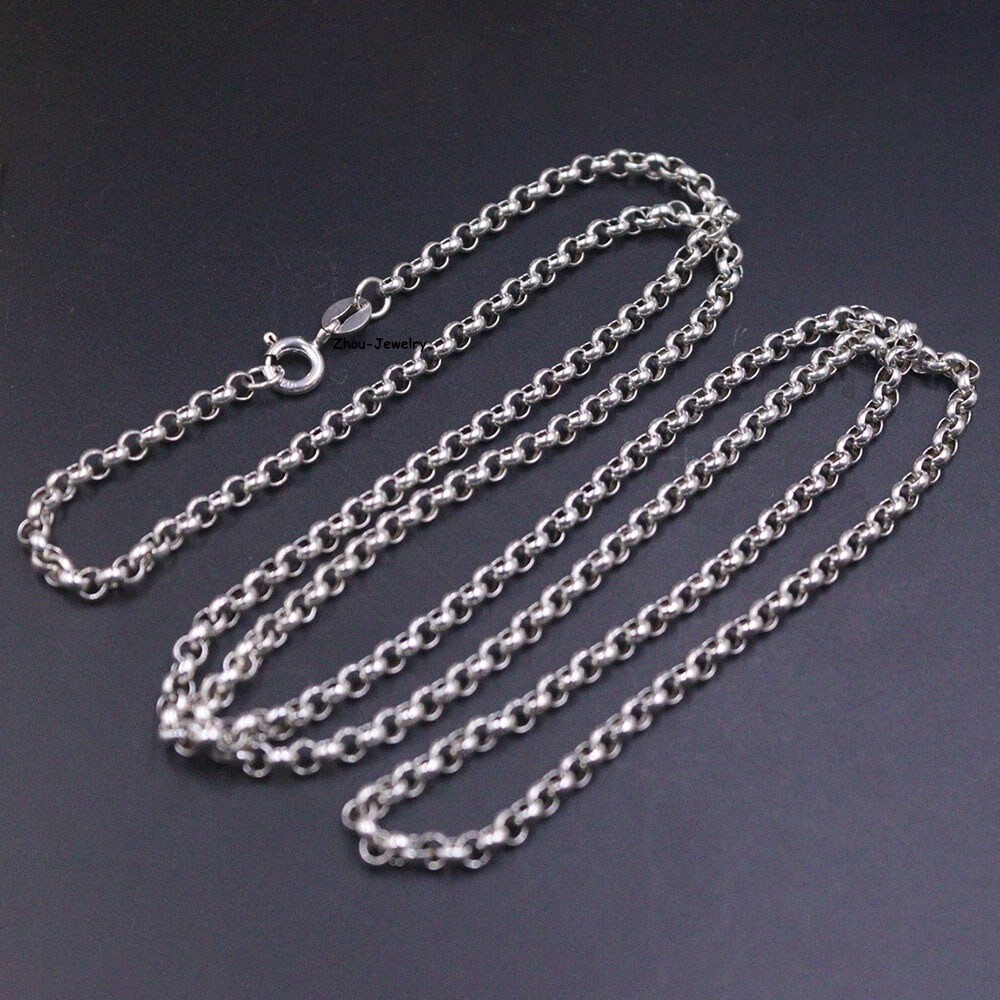 27.5INCH Real S925 Sterling Silver Chain Men 3mm Cable Rolo Link Necklace 9-10g