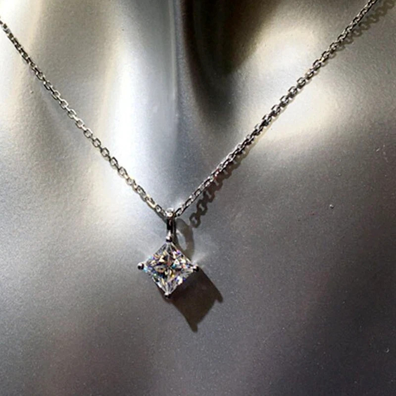 3.00 Ct Princess Cut Real Moissanite Pendant 14k White Gold Plated Free Chain