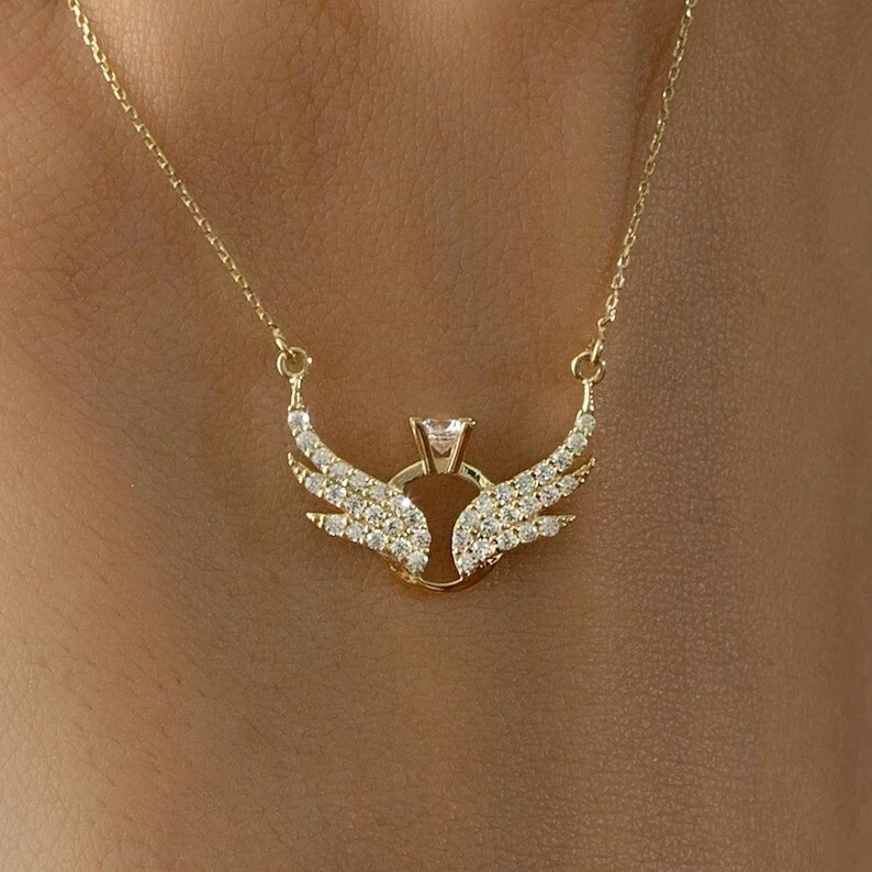 Gorgeous Wings Womens Pendant Round Cut Simulated Diamond 14k Yellow Gold Plated