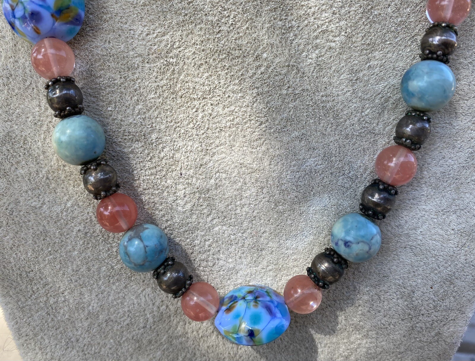 Sterling Silver Quartz Beaded Necklace art glass 18” adjustable Womens