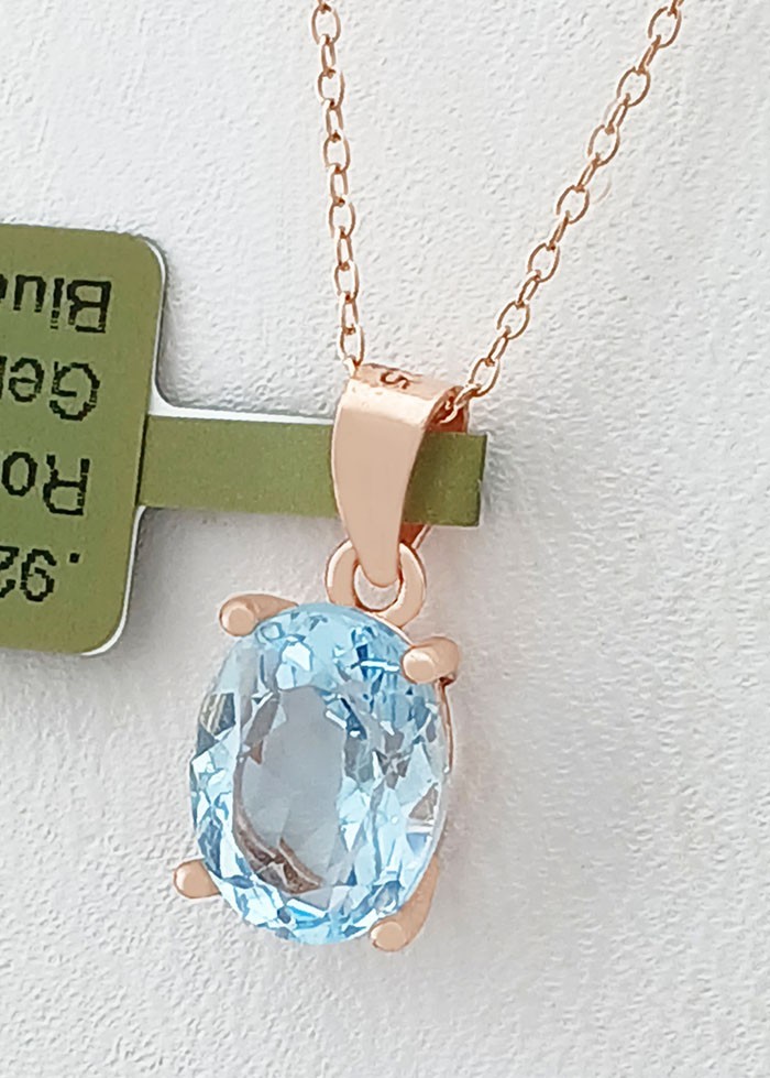 GENUINE 2.25 Cts BLUE TOPAZ PENDANT NECKLACE 14K ROSE GOLD PLATED (.925) – NWT