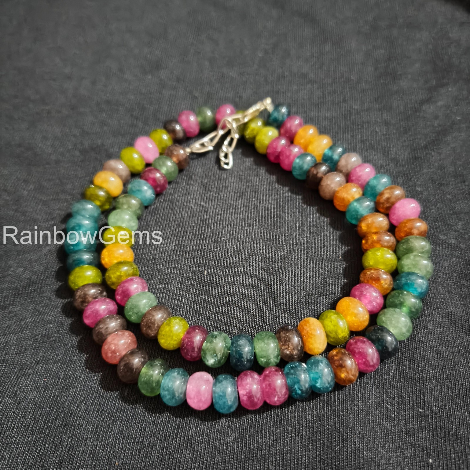 8mm Rainbow Candy Gemstone Beads Necklace, Smooth Rondell Multi Color Beads, Nat