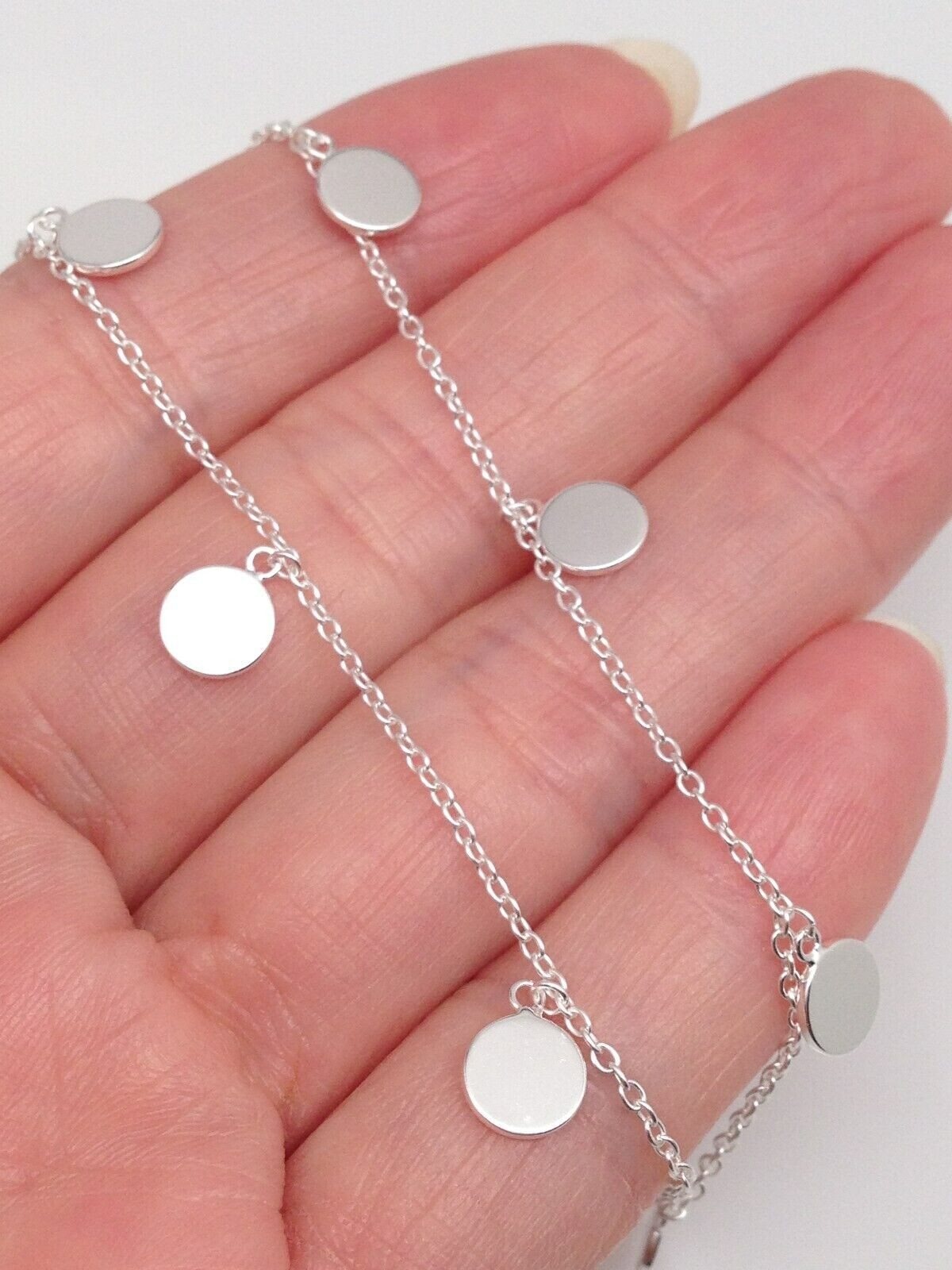 Plain Silver Disc Charm Station Choker Necklace 925 Sterling Silver 5.5mm 15.75″
