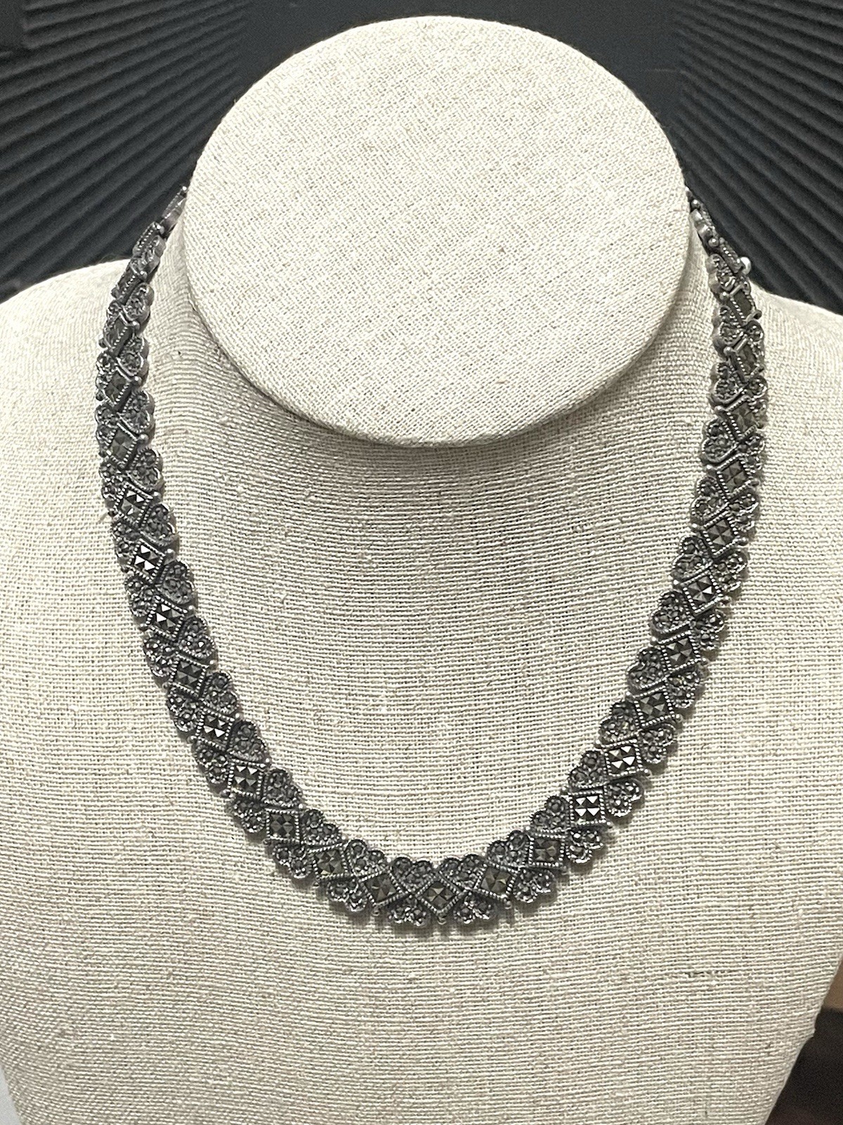 1990’s Deco Style Sterling Silver Marcasite Necklace 925 Heavy 61g+ Estate Find!