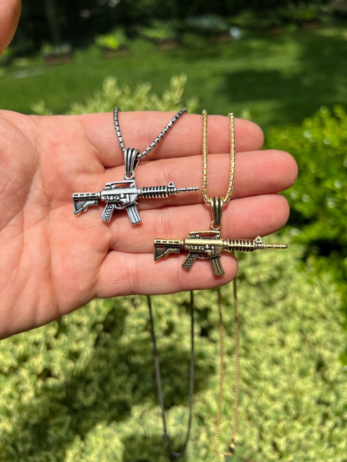 Real 925 Silver / 14k Gold Plated AR Gun Rifle Pendant Necklace Military Charm
