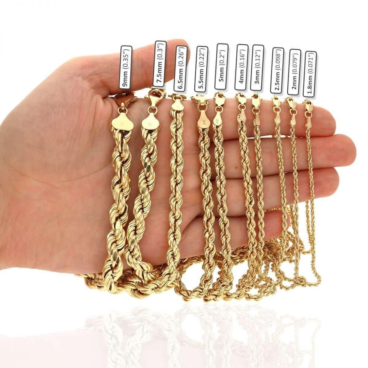 10K Real Gold 1.8mm-9mm Hollow Rope Chain Necklace 16″-30″
