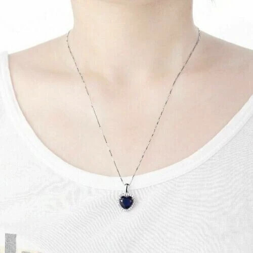 2CT Heart Cut Lab Created Blue Sapphire Diamond Halo Pendant 14K White Gold Pltd