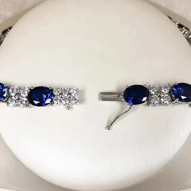 13 Ct Round Oval Blue Sapphire Lab Created Tennis Necklace 14K White Gold Plated