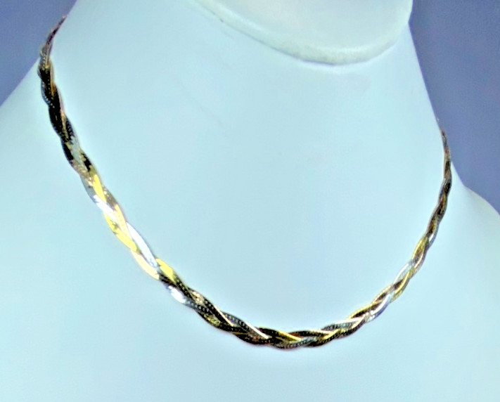 22K Gold Over Sterling Silver AGI Signed Tri Color Braided Necklace 18″ NOS 9.7g