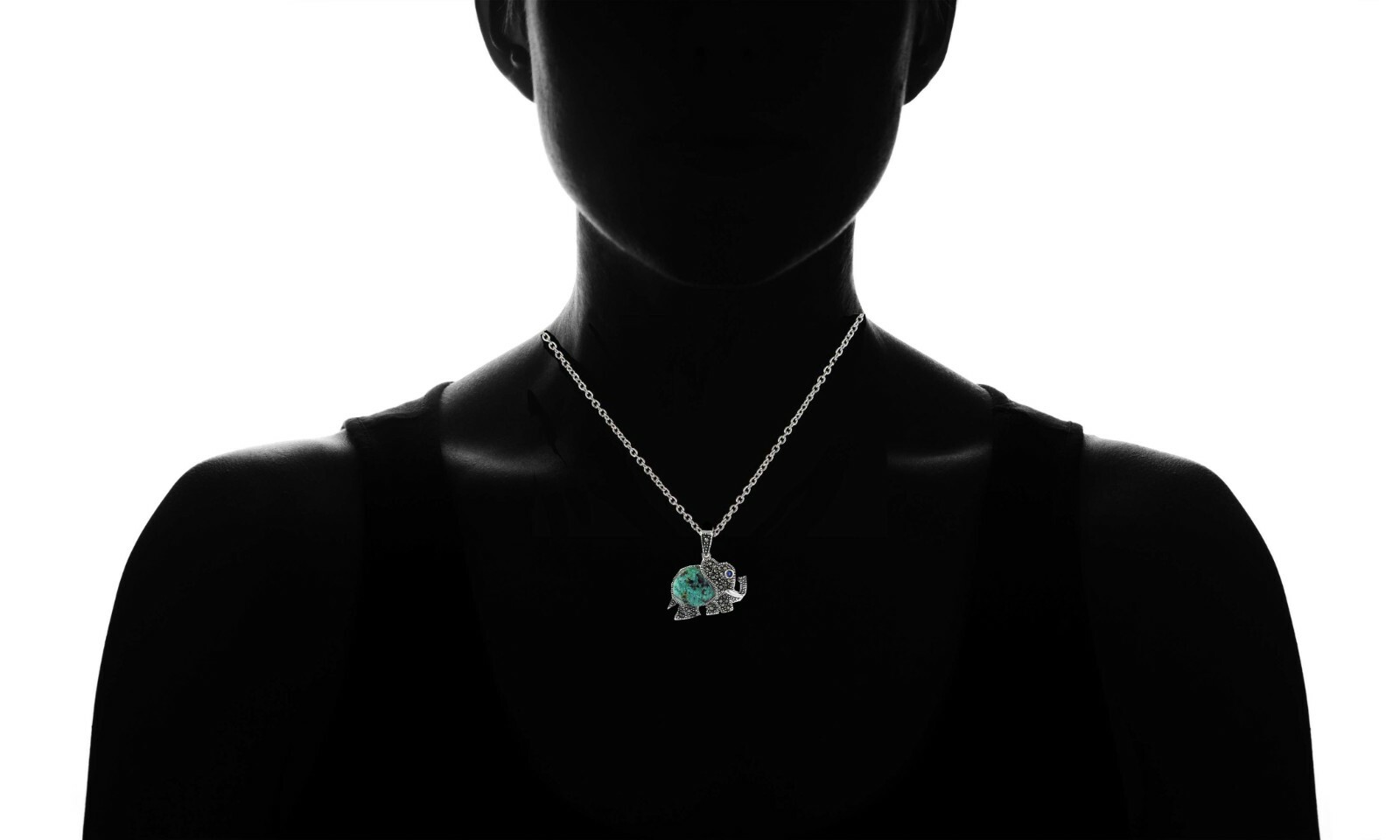 925 Sterling Silver Genuine Marcasite Turquois Elephant Pendant Necklace – 18″