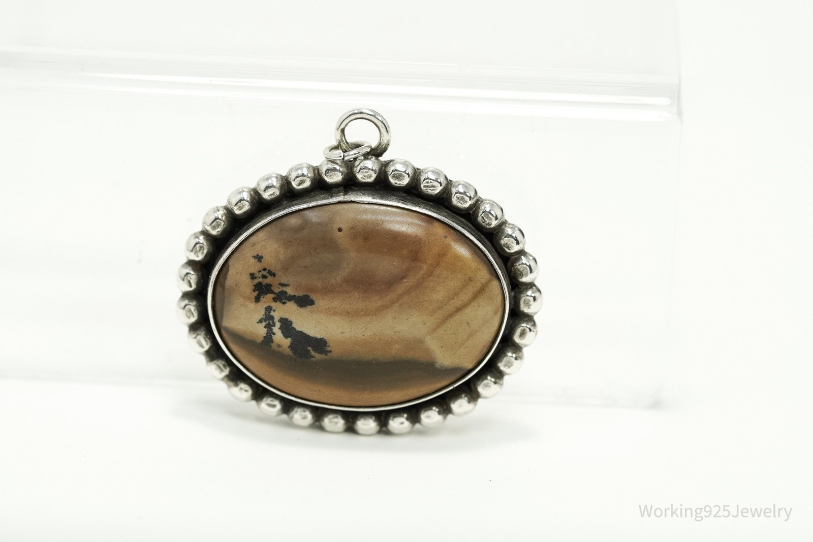 Vintage 1970s Picture Jasper Silver Necklace Pendant 1 3/8″