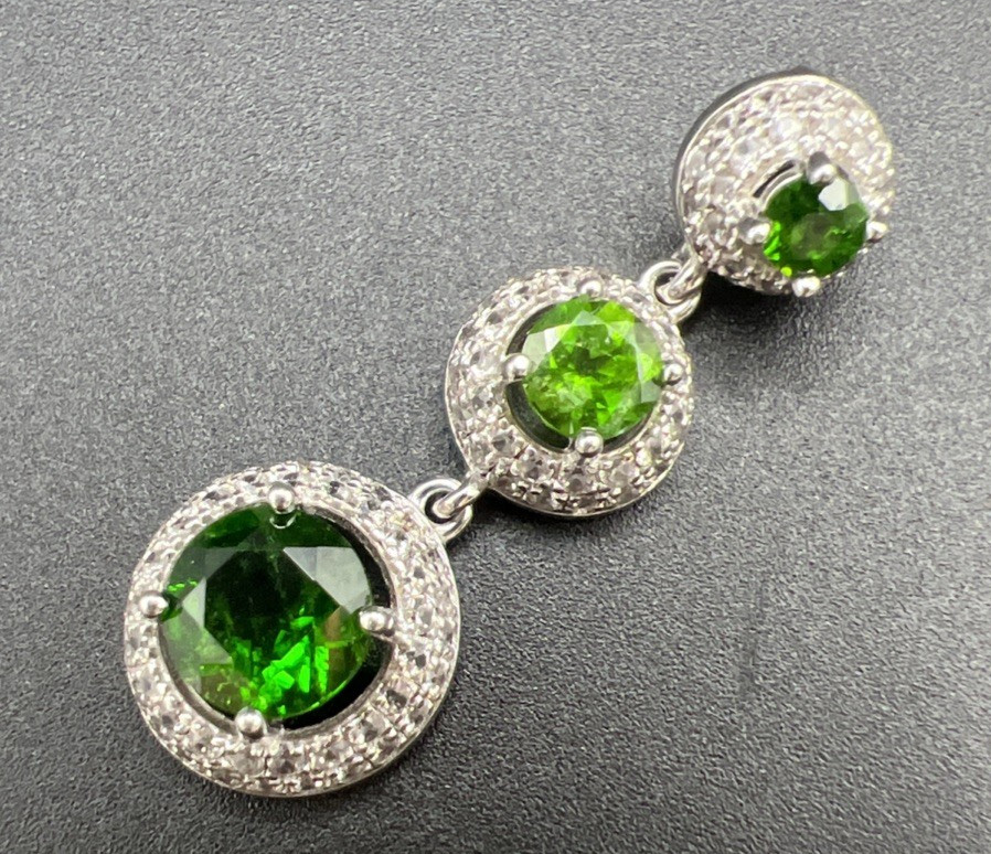 Green Stone & White/colorless CZ 3-tier Sterling Silver 925 Halo Pendant