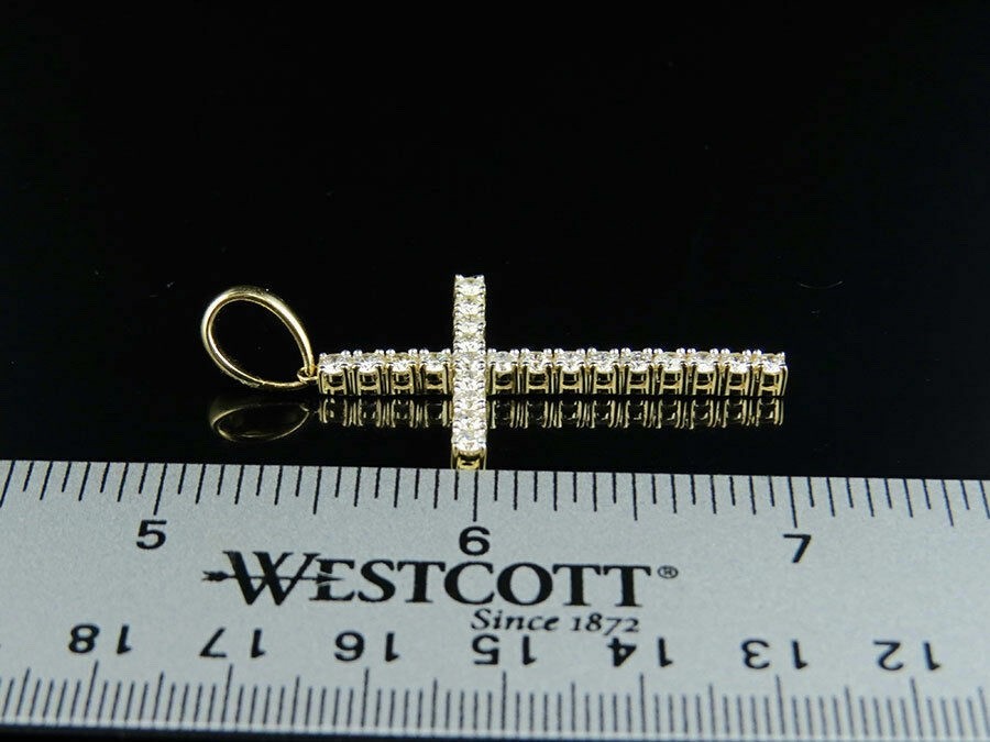 14K Yellow Gold Finish One Row Shared Prong Diamond Cross Pendant Charm 2 ct